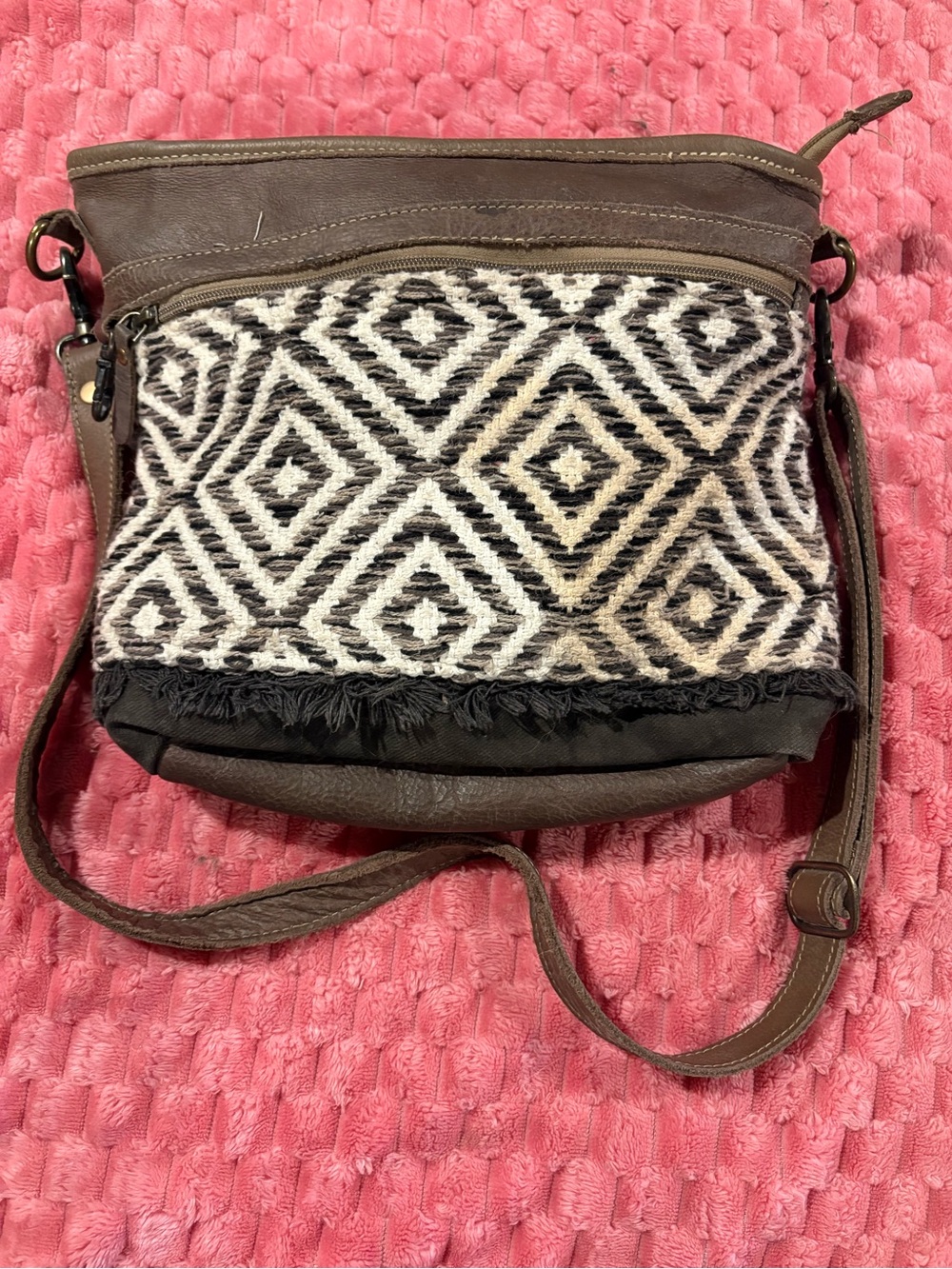 Myra Bag Brown Crossbody with Black & Cream Geometric Weave